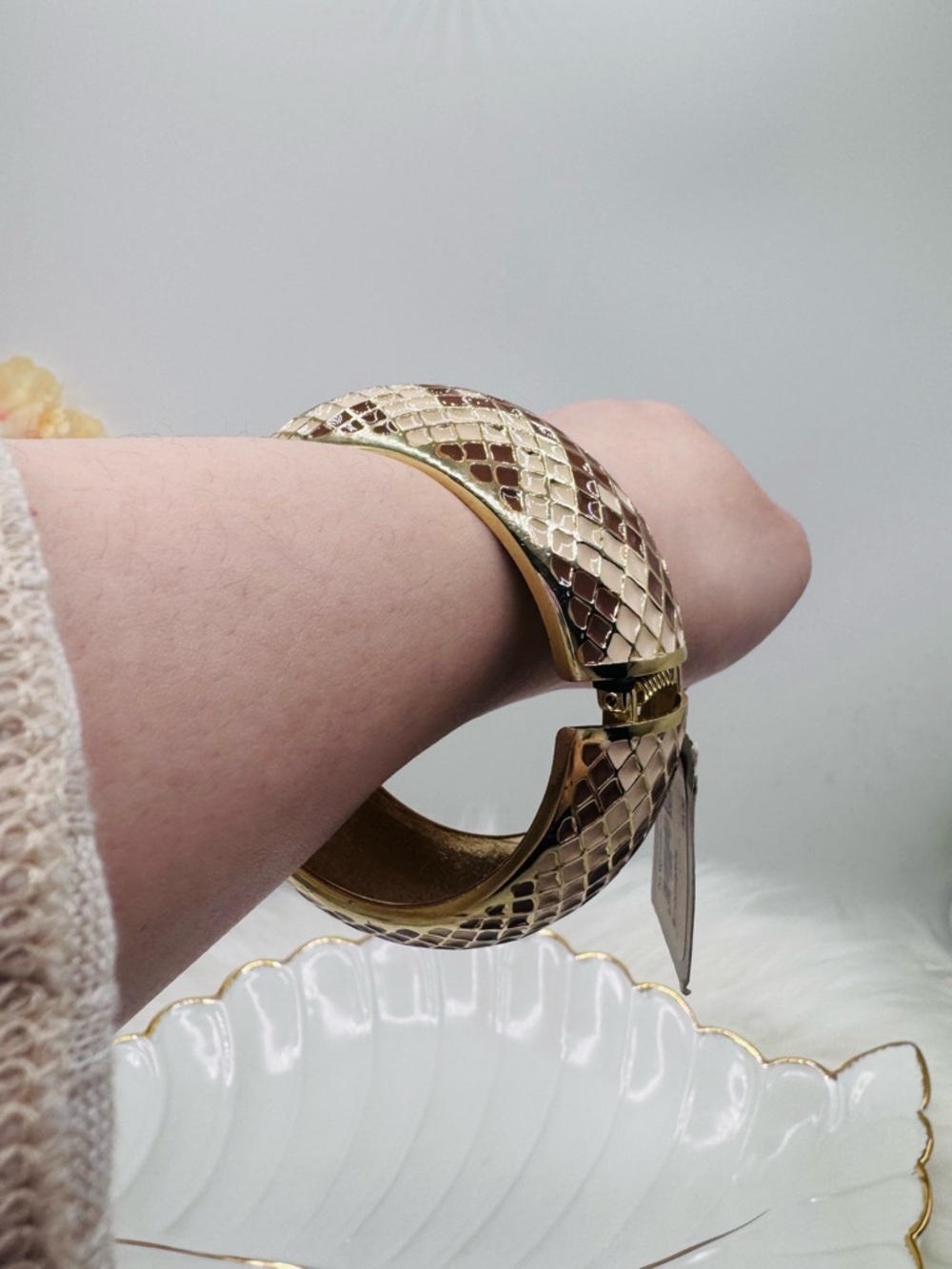 Gold Tone Mosaic Tile Wide Bangle Bracelet Statement  Nordstrom - Picture 3 of 8